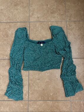 Green Polka Dot Square-Neck Smocked Crop Top